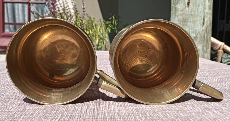 Pair of Solid Brass Tankards or Beer Mugs (350g each) with Floral Engravings