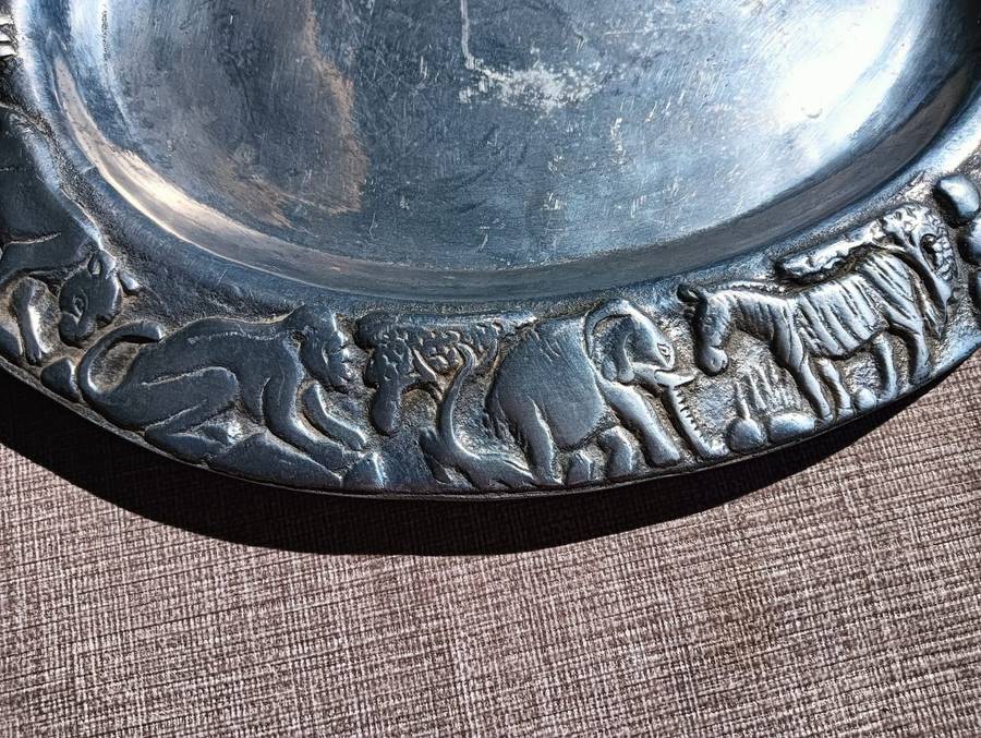 Wonderful Aluminium / Pewter Oval Tray with Animal Relief Design Rim
