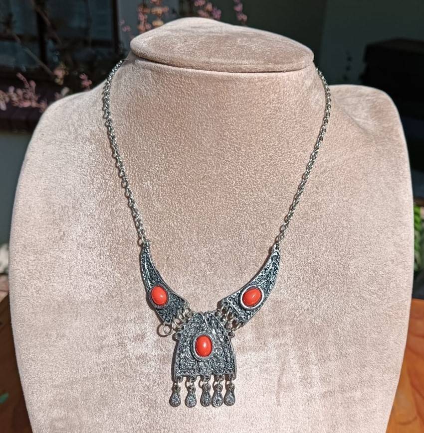 Vintage Silver Metal Red Coral Filigree Necklace and Matching Earrings