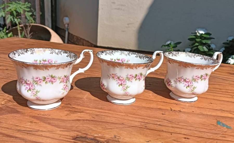 Three Royal Albert Dimity Rose Pattern Montrose Shape Teacups Circa 1980-2001 Good Condition
