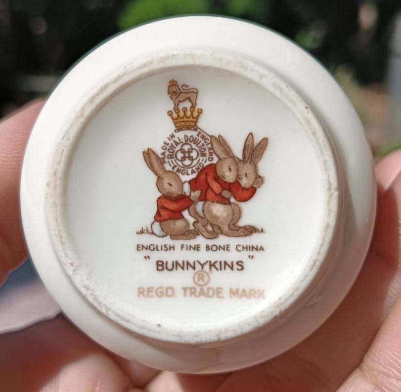 Bunnykins Royal Doulton Egg Cup Dad and Son Hiking / Doll and Pram - Mark Circa 1968-1975