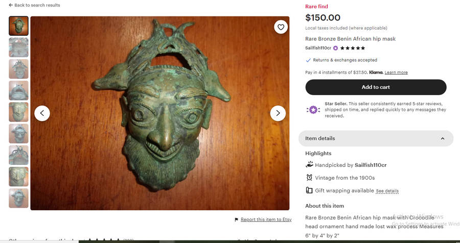 Antique Benin Bronze Hip Mask with Striking Bearded Face and Fish - Natural Patina Visible