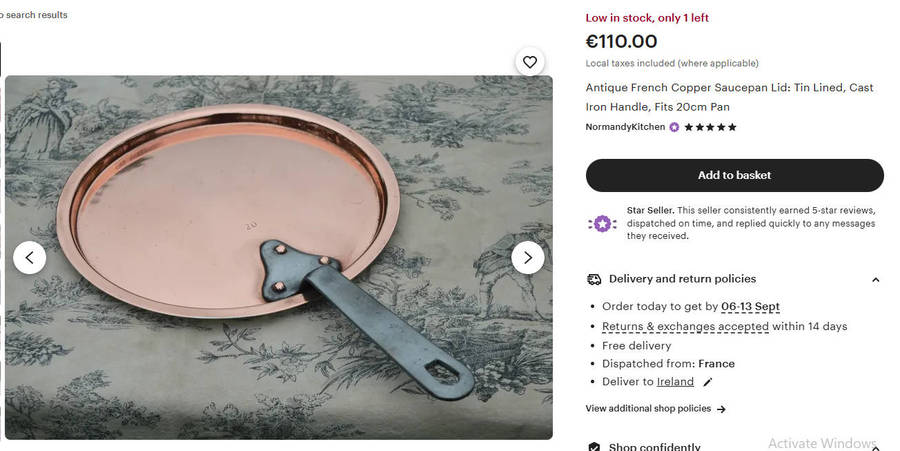 Antique French Copper Saucepan Lid with Copper Riveted Handle Heavy 568g