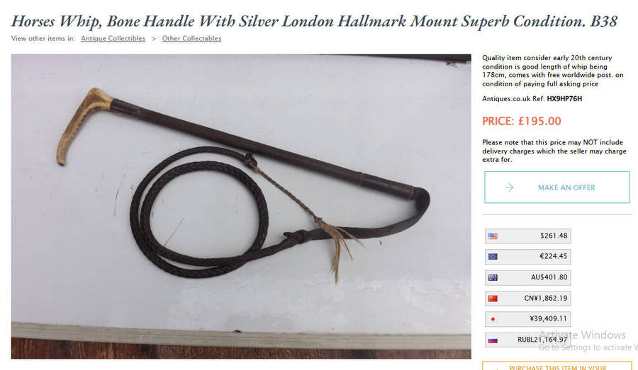 Two Antique Leather and Bone Handle Hunting Crops one with a Gloria Kerschot Silver Metal Collar