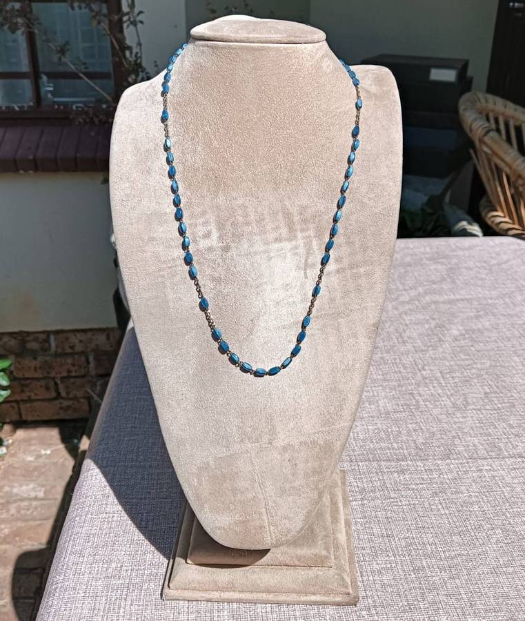 Brass and Blue Gemstone Beaded Rosary Necklace Vintage Mid 20th Century