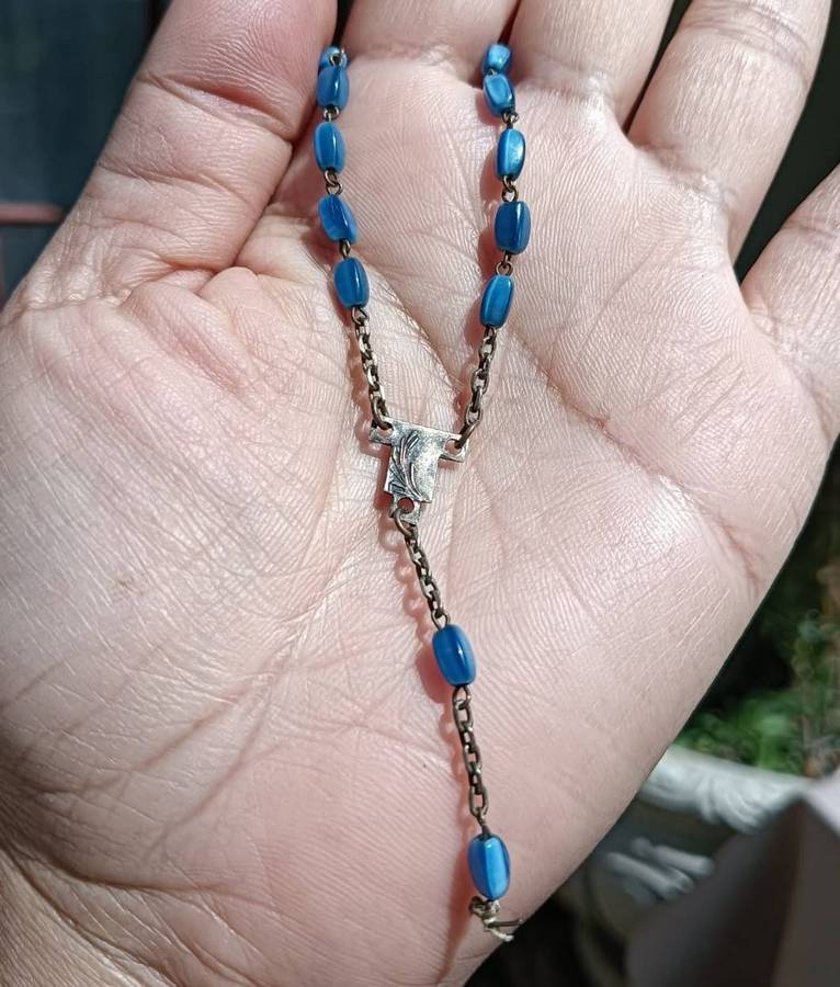 Brass and Blue Gemstone Beaded Rosary Necklace Vintage Mid 20th Century