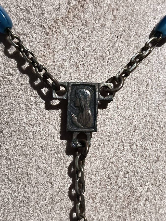 Brass and Blue Gemstone Beaded Rosary Necklace Vintage Mid 20th Century