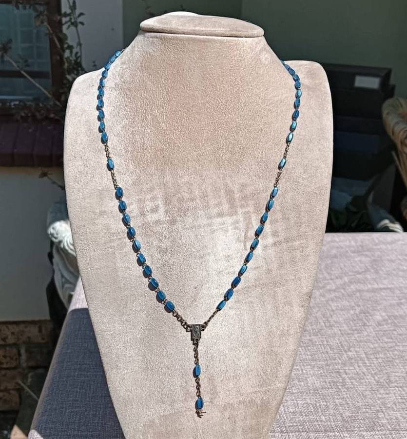 Brass and Blue Gemstone Beaded Rosary Necklace Vintage Mid 20th Century