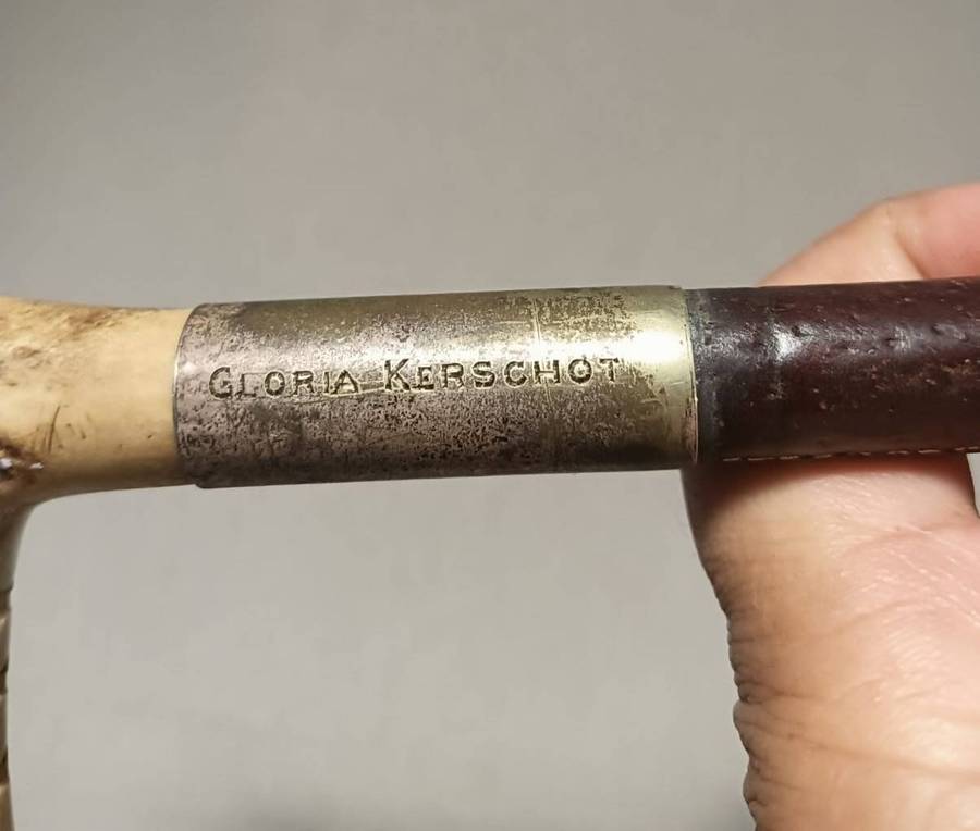 Two Antique Leather and Bone Handle Hunting Crops one with a Gloria Kerschot Silver Metal Collar