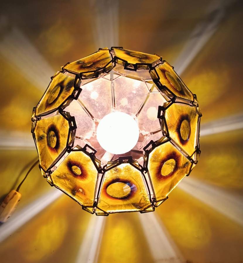Beautiful Vintage Nonagon (9-Sided) Lamp with 27 Starburst Yellow Orange Glass Panels Working!