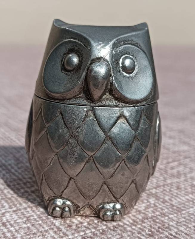 Cute Vintage Silver Metal Salt / Sugar Jar Owl 4.5cm High
