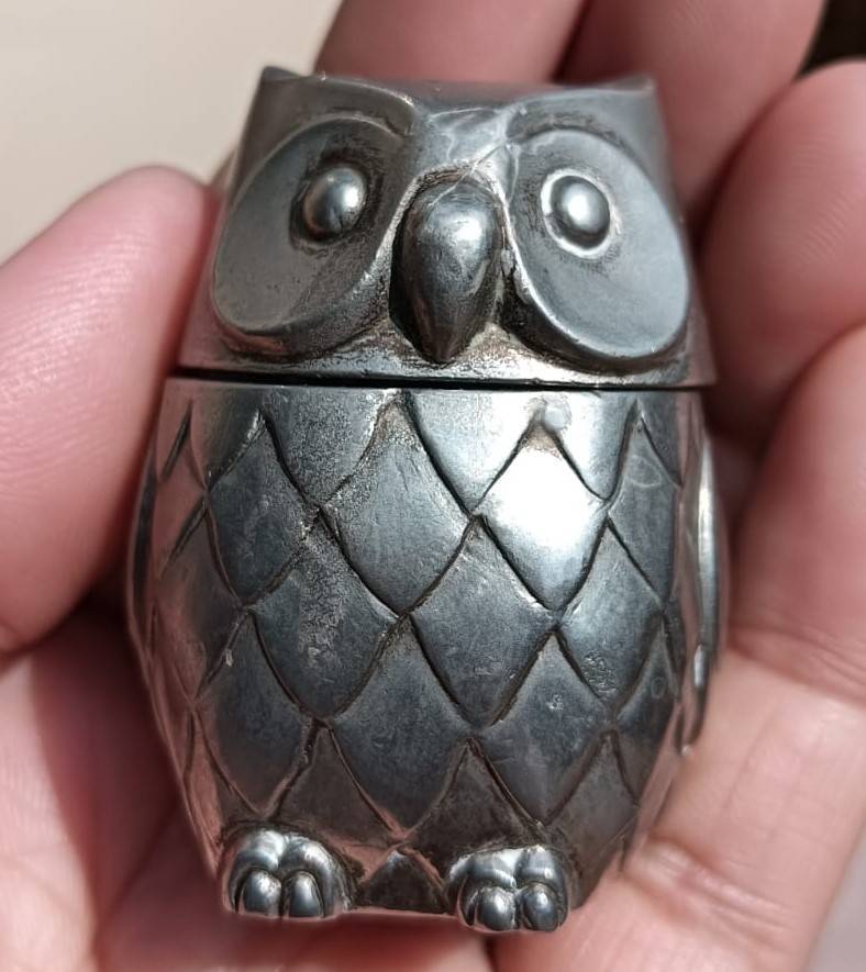 Cute Vintage Silver Metal Salt / Sugar Jar Owl 4.5cm High