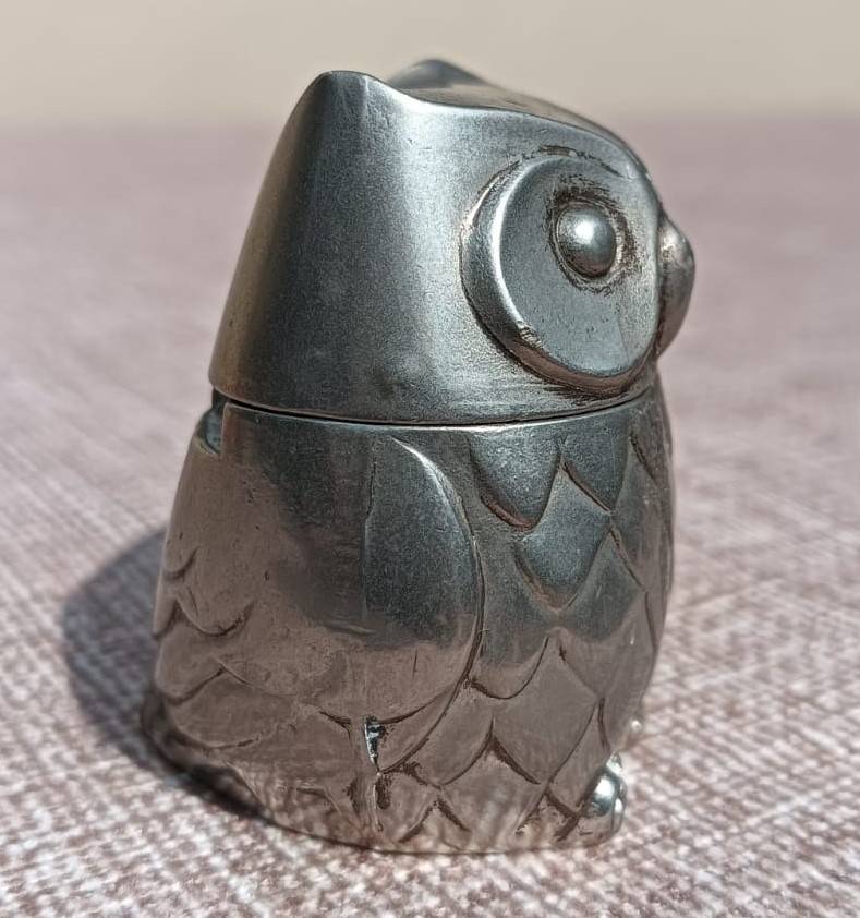 Cute Vintage Silver Metal Salt / Sugar Jar Owl 4.5cm High