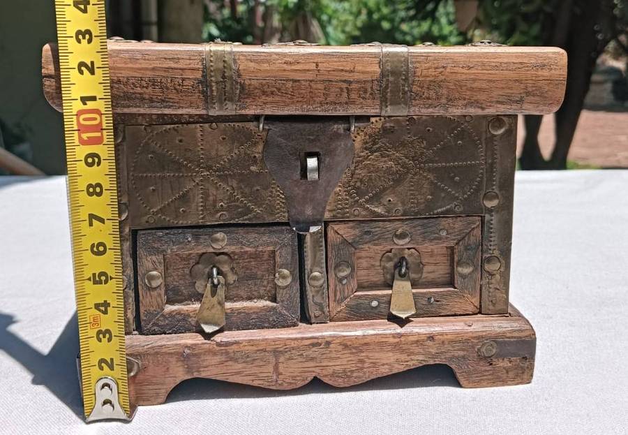 Old Wooden Trinket Box with Brass Fittings and a Concealed Lock Mechanism for Drawers