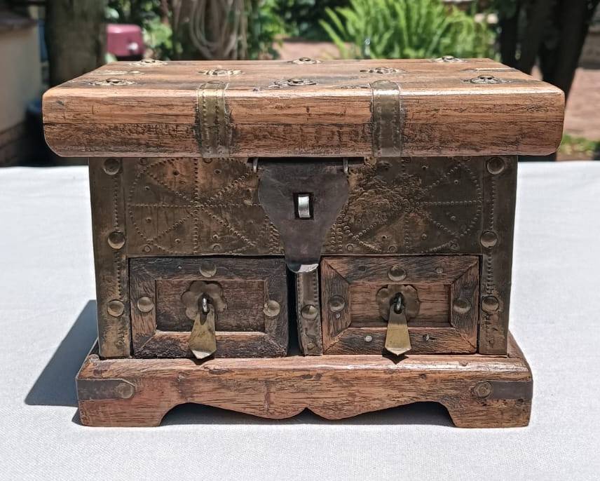 Old Wooden Trinket Box with Brass Fittings and a Concealed Lock Mechanism for Drawers