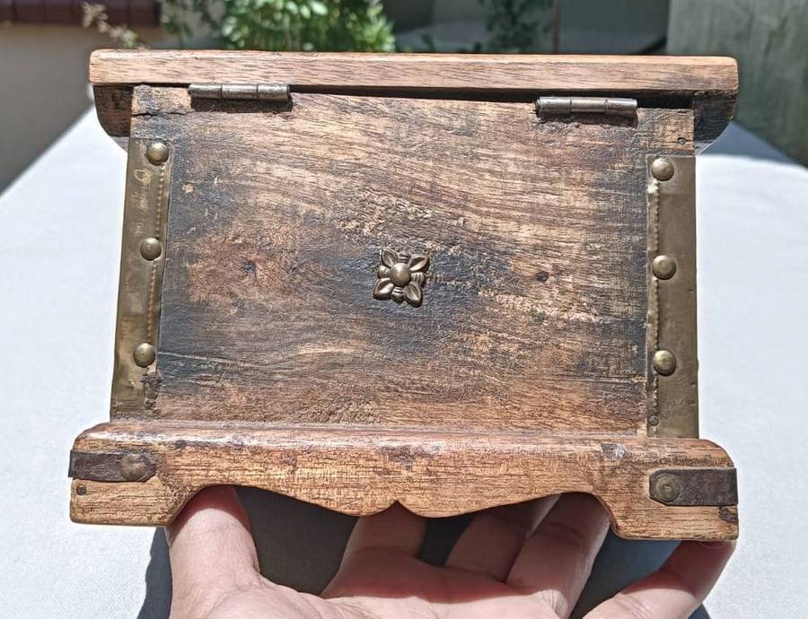 Old Wooden Trinket Box with Brass Fittings and a Concealed Lock Mechanism for Drawers
