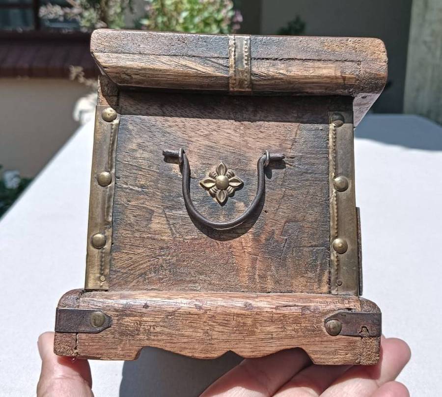 Old Wooden Trinket Box with Brass Fittings and a Concealed Lock Mechanism for Drawers