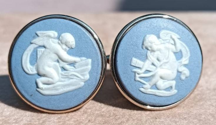 Wedgwood Blue Jasperware Cupid Sharpening his Arrows Cufflinks 1960s