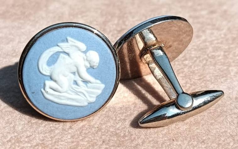 Wedgwood Blue Jasperware Cupid Sharpening his Arrows Cufflinks 1960s