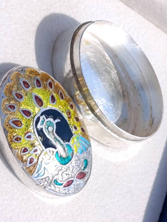 Vintage Sterling Silver Peacock Pill Box
