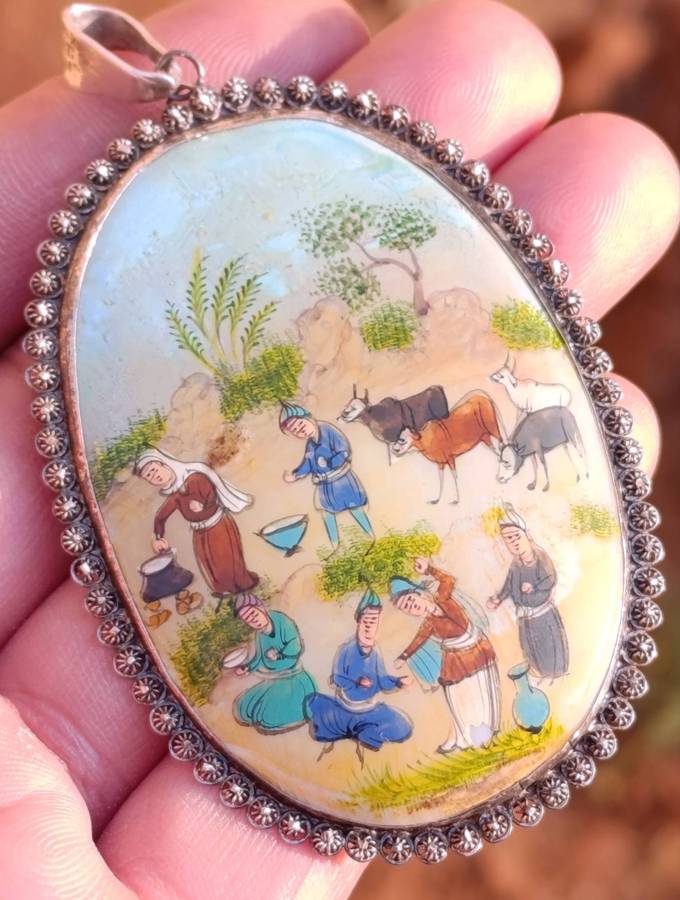 Rare Antique Sterling Hand Painted Pearl Pendant