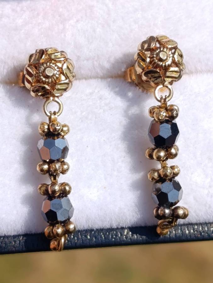 9ct Gold Black Crystal Drop Earrings