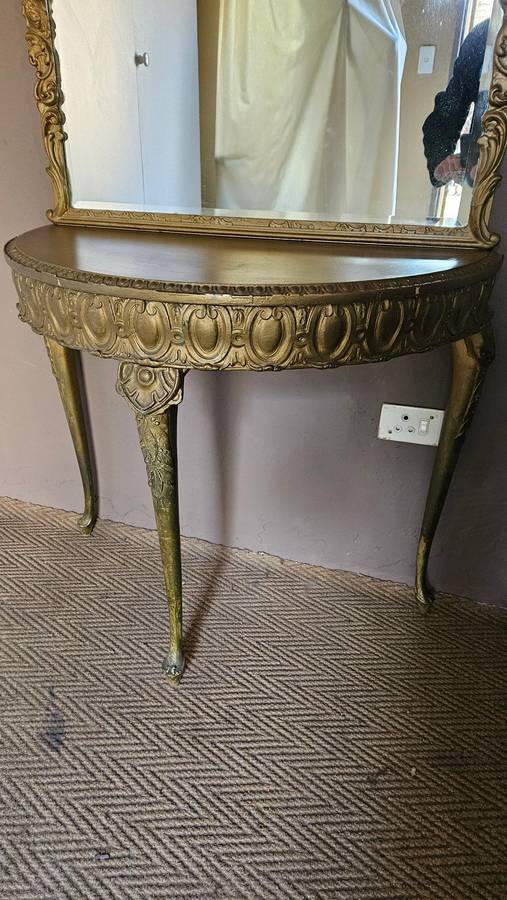 Antique Wood Carved Console Table & Beveled Mirror