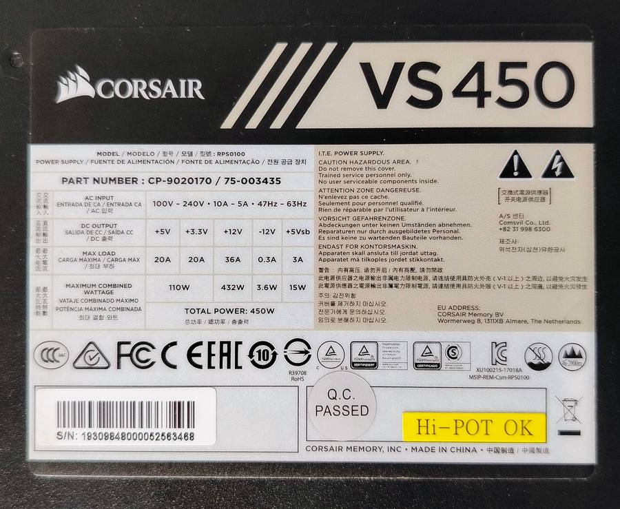Corsair VS450 80 PLUS ATX Power Supply | Clean and Quiet