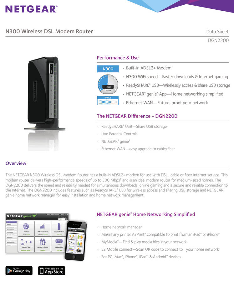 Netgear N300 Wi-Fi Router Access Point | USB 2.0 port | 4x LAN ports | ADSL port