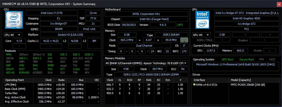 Intel H61M board + Core i7 3770 CPU + 256GB M.2 SSD + 8GB RAM + Windows 11 Pro (activated)