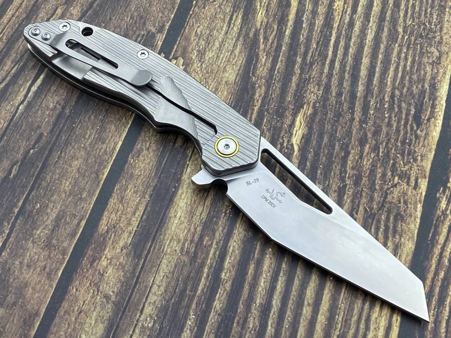 SixLeaf SL-29A Rattlesnake Designs Pocket Knife Milled Titanium Handle CPM-20CV Blade Steel