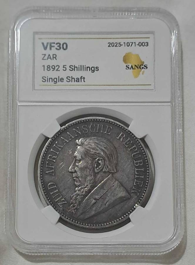 1892 ZAR Silver Kruger 5 Shillings Crown Graded SANGS VF30