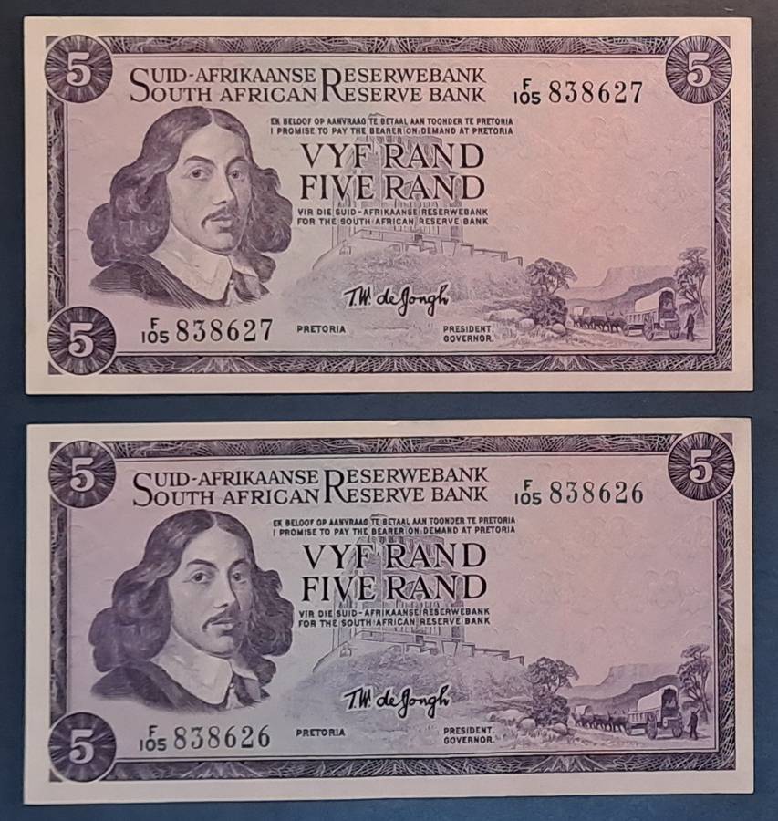 1967 Consecutive pair Vyf Five Rand TW de Jongh F/105 838626-7