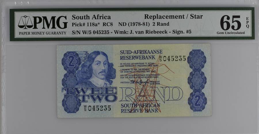 1978 W/5 Replacement Twee Two Rand Note PMG65 GEM UNC EPQ GPC de Kock W/5 045235