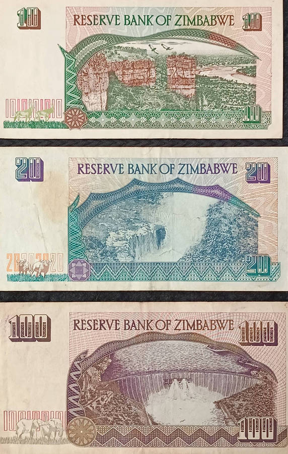 Banknotes x 3 Zimbabwe dollars mix 90s