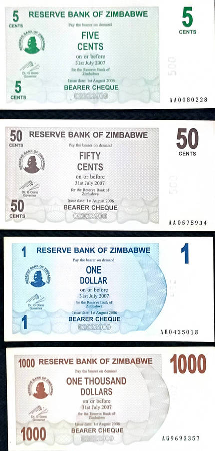 Banknotes x 4 Zimbabwe bearer cheques 2000s