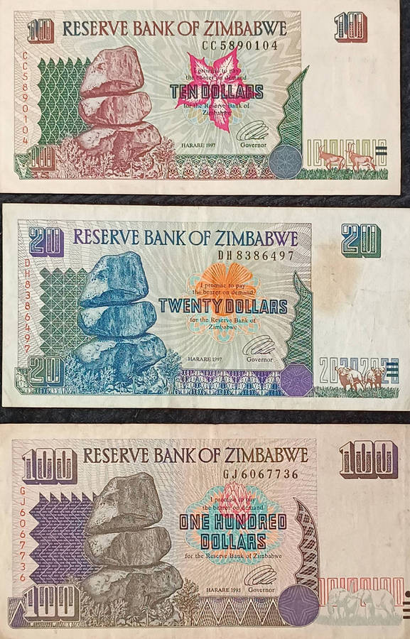 Banknotes x 3 Zimbabwe dollars mix 90s