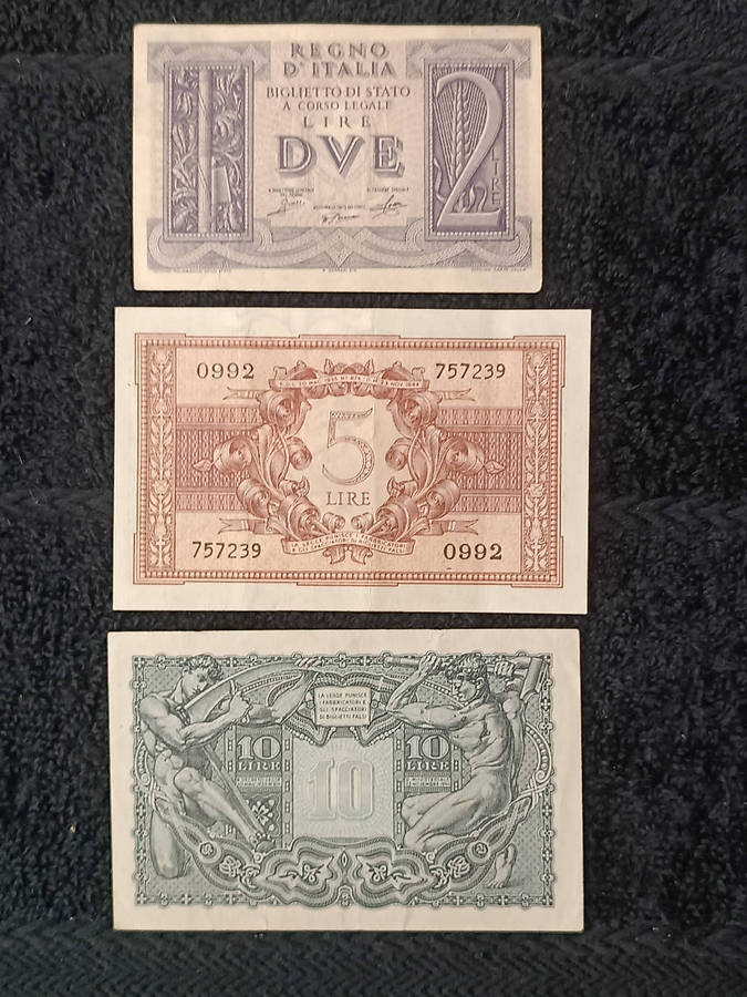 Banknotes x 3 Italian lira 2,5,10 ww2 1939-1944