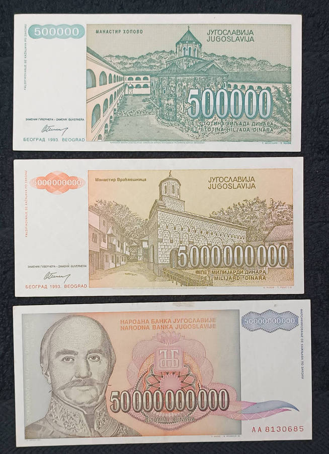 Banknotes x 3 Yugoslavia  Dinara 1993 Hyperinflation Currency Money