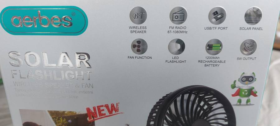 Aerbes solar fan with wireless radio and USB connectivity