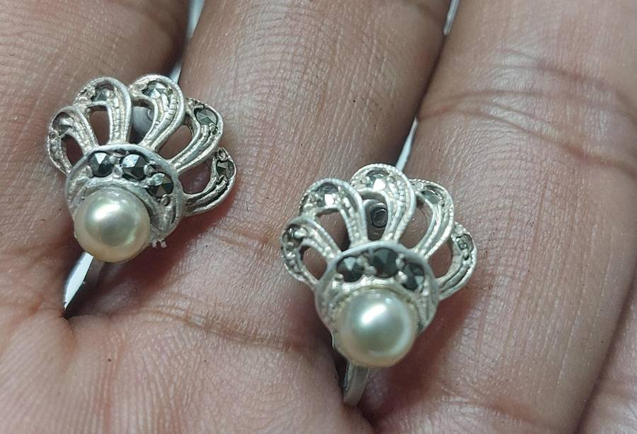 vintage solid silver real pearl and marcasite earrings
