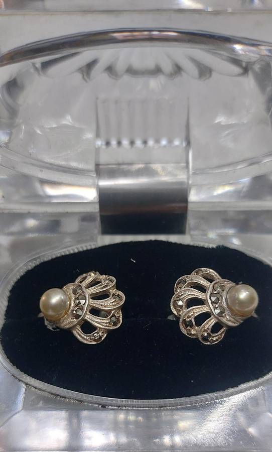vintage solid silver real pearl and marcasite earrings