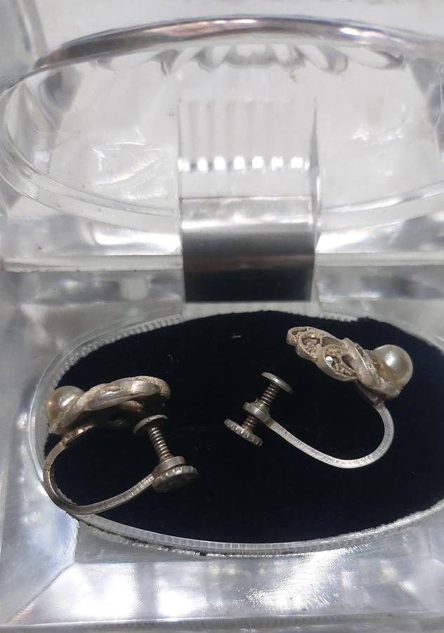 vintage solid silver real pearl and marcasite earrings
