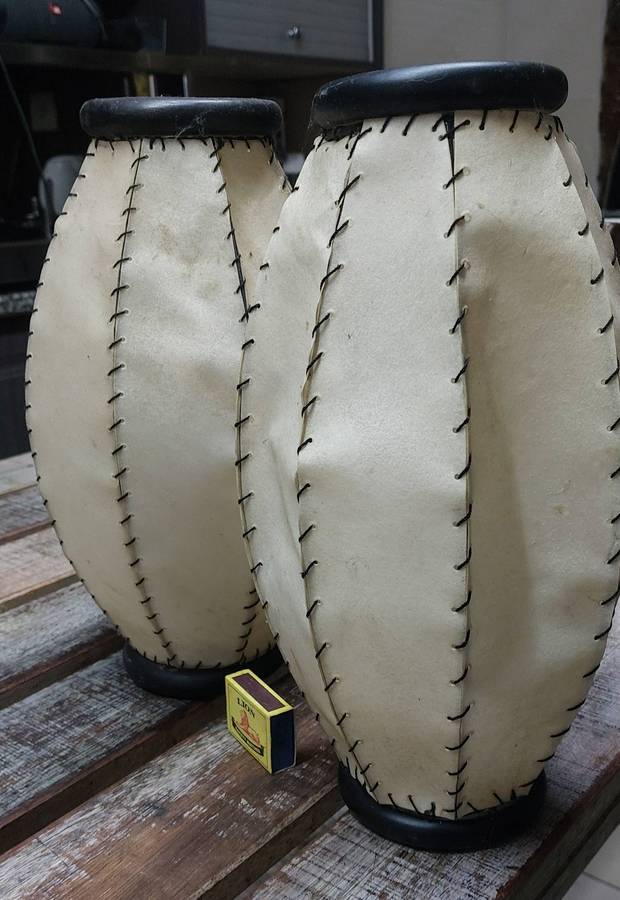 2x stretched hide leather lamp or lantern