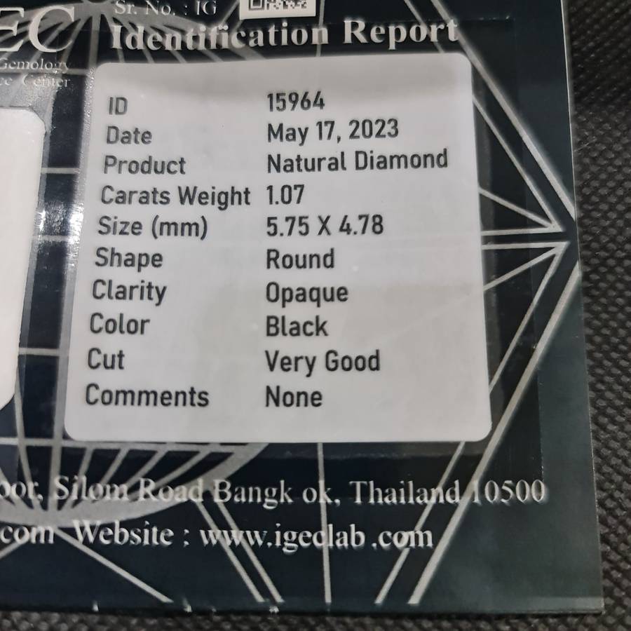 IGEC CERTIFIED 1.07 CARAT BLACK DIAMOND