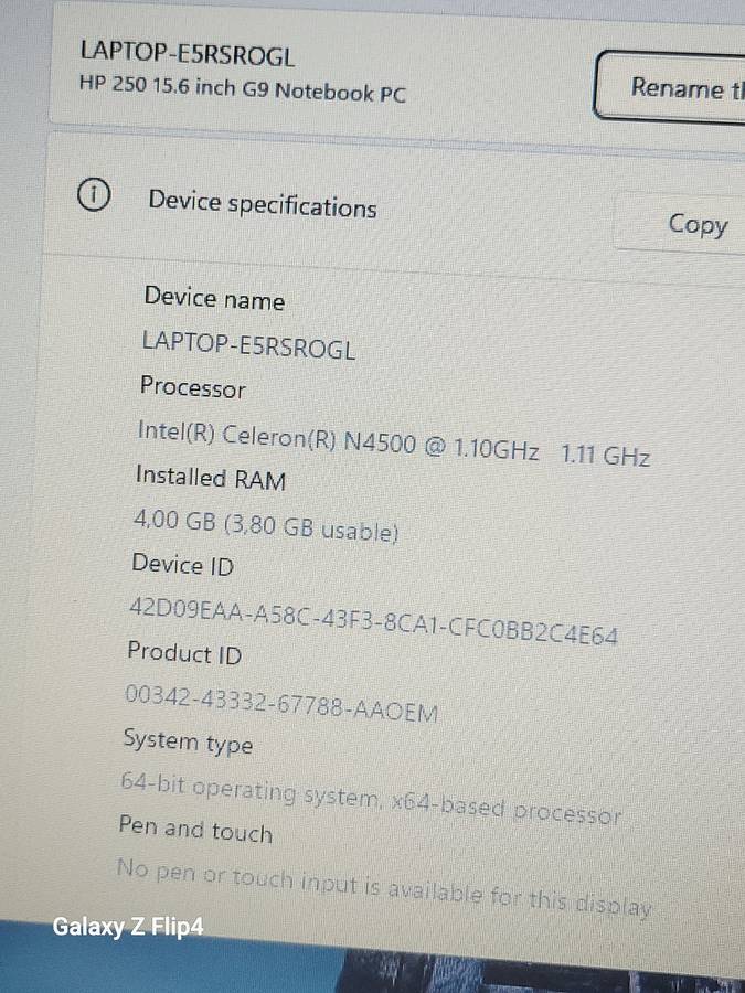 Hp250g9 Intel N4500 256nvme/4gig Ram/Windows 11