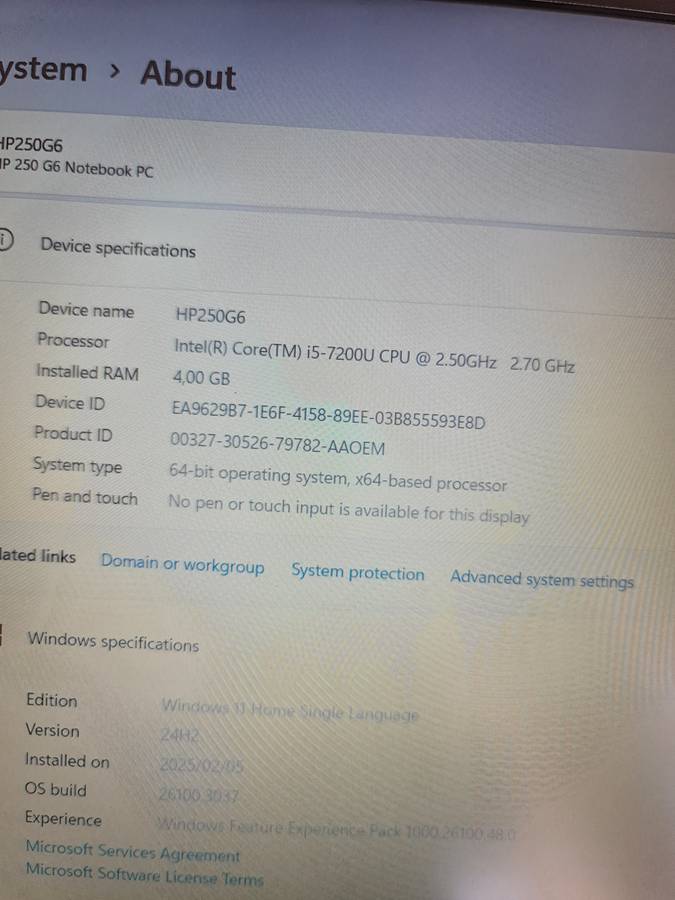 HP250G6 CORE I5 7TH GEN 256GIG SSD 4GIG RAM WINDOWS 11_24H2
