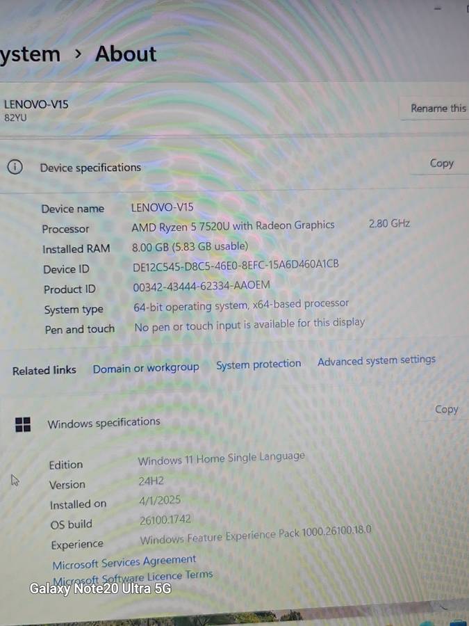LENOVO V15 G4 AMD RYZEN 5 RADEON GRAPHICS 512GIG NVME 8GIG RAM WINDOWS 11 24H2