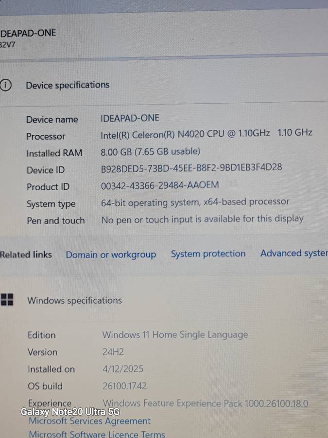 LENOVO IDEAPAD ONE INTEL CELERON N4020 256GIG NVME 8GIG RAM WINDOWS 11 24H2