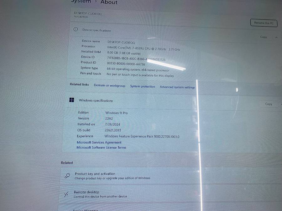 NUC Intel Core i7 8th Gen 256gig nvme 8gig Ram